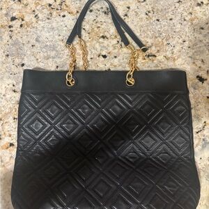 Tory Burch Black Quilted Tote with Gold Chain Handles